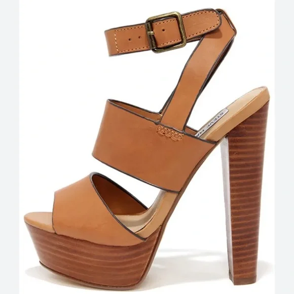 Steve Madden Dezzzy Tan Leather Platform Heels - Picture 1 of 11